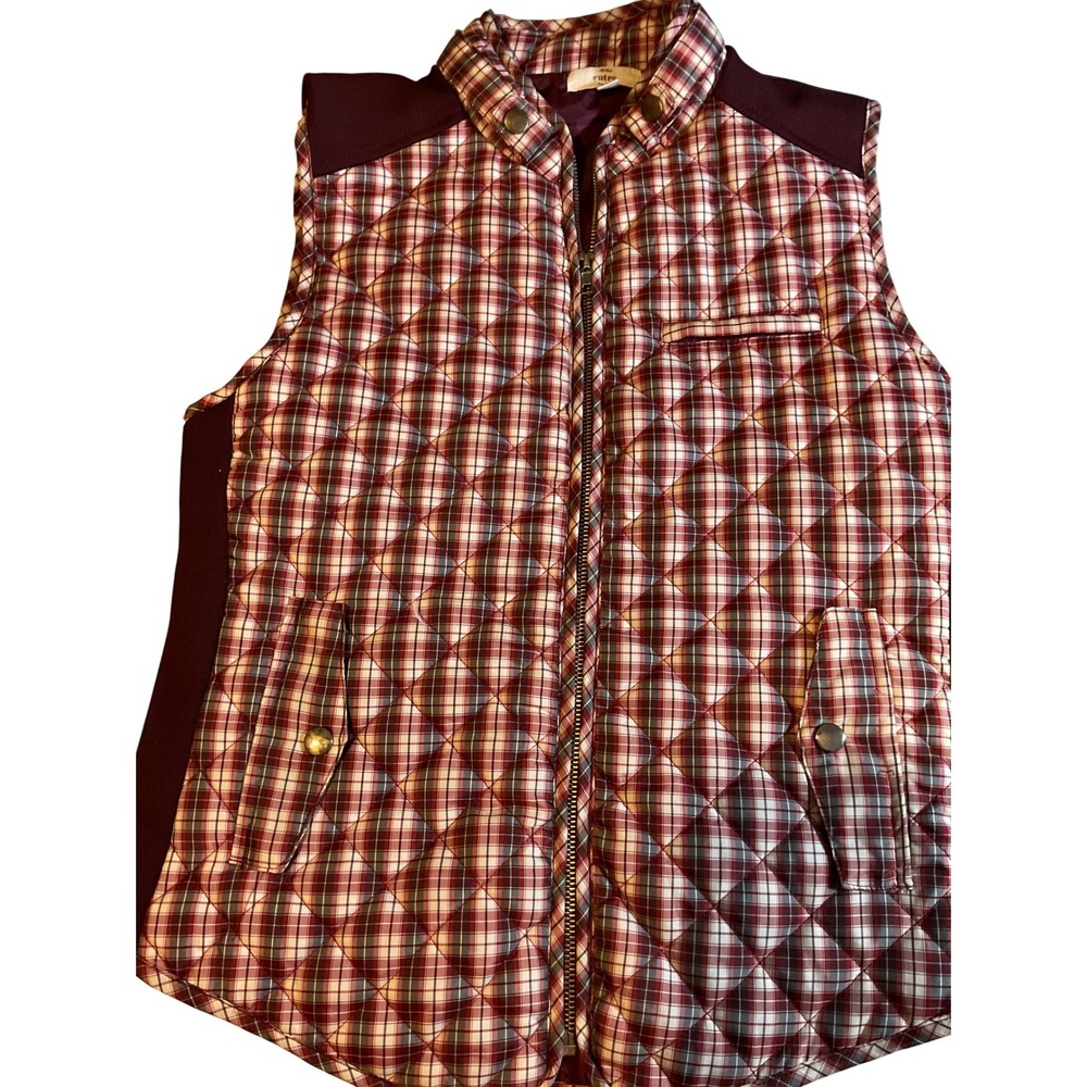 ENTRO Quilted Plaid Vest Women's Size S Red Burgundy Zip Front Pockets Casual‎